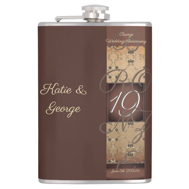 19th Wedding Anniversary Dark Bronze  Hip Flask (Front)