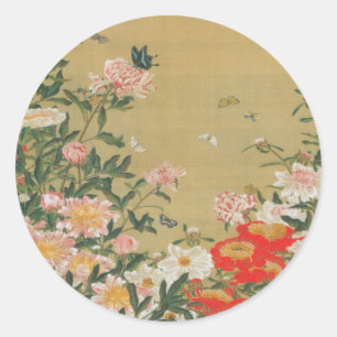 1. 芍薬群蝶図, 若冲 Flower and Butterfly, Jakuchu Classic Round Sticker