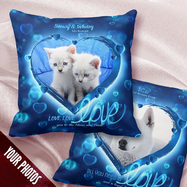 1+1 Photo Pet Love & Keepsake, Blue Neon Hearts - Cushion (Creator Uploaded)
