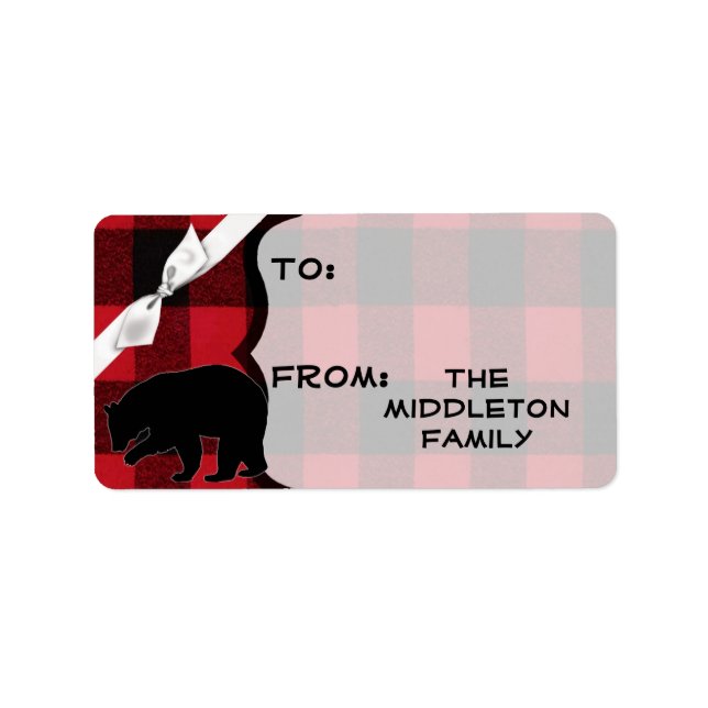 1.25"x2.75" Christmas XMAS Red Buffalo Plaid Bear Label (Front)