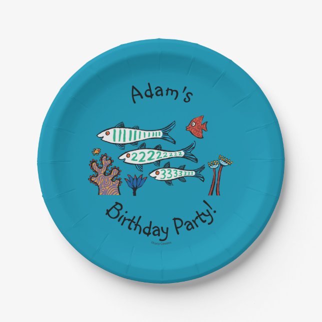 1, 2, 3 Fish with Little Fish and Coral Paper Plate (Front)