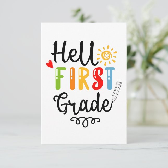 1/2- Hello First Grade Shirt, First Grade Student RSVP Card (Standing Front)