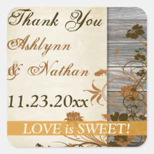 1.5" Autumn Flowers, Wood Wedding Favour Thank You Square Sticker