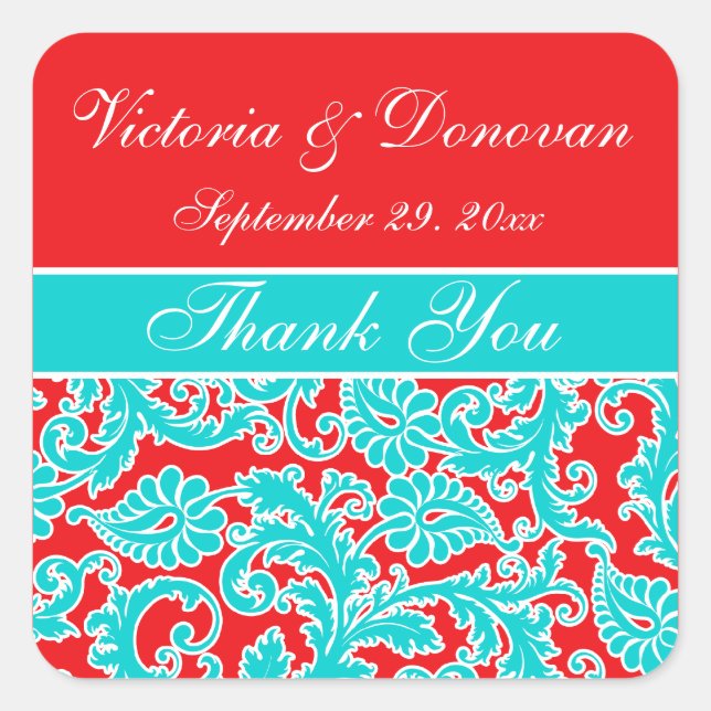 1.5" Blue Red White Damask Wedding Favour Sticker (Front)