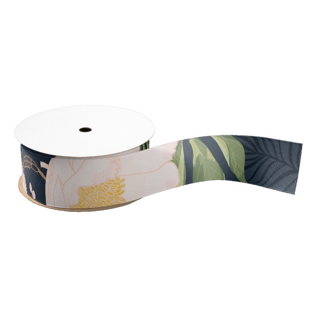 1.5" Grosgrain Ribbon Baby Pink Cosmos on Navy (Spool)
