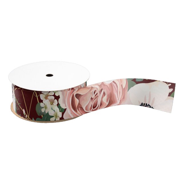 1.5" Grosgrain Ribbon Geometric Garden Rose Wine (Spool)