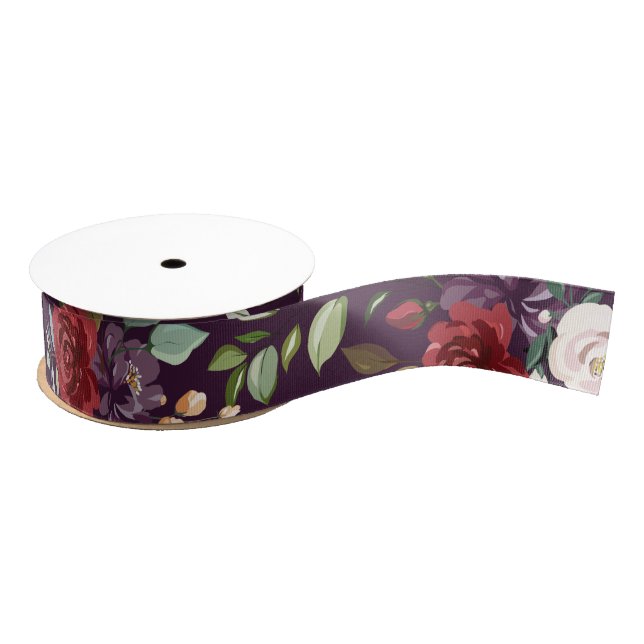1.5" Grosgrain Ribbon Plum Purple Roses Gold Geome (Spool)