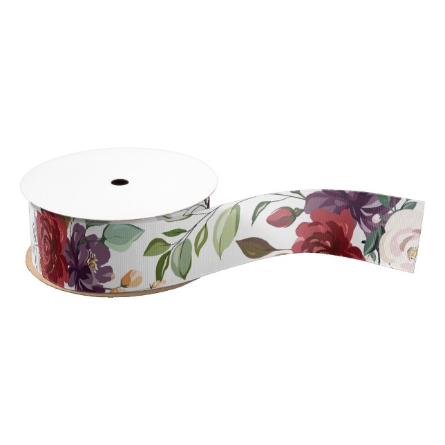 1.5" Grosgrain Ribbon White Roses Gold Geometric (Spool)