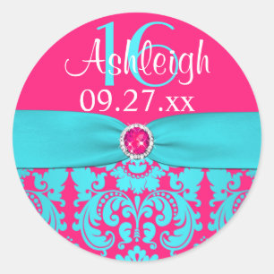1.5" Hot Pink, Turquoise Damask Sweet 16 Sticker