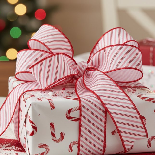 1.5" Pink and Red Candy Cane Striped Xmas Grosgrain Ribbon (Cute Red and Pink Candy Cane Stripes Festive Christmas Ribbon for Her. Trendy Pinstripe Xmas Pattern)