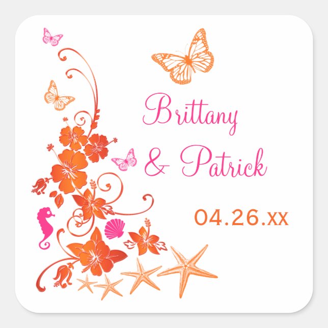 1.5" Pink, Orange, White Tropical Wedding Sticker (Front)
