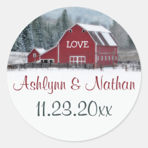 1.5" Red Barn in Winter Wedding Favour Sticker