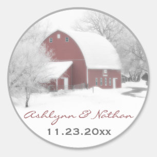 1.5" Red Barn in Winter Wedding Favour Sticker