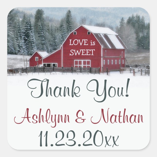 1.5" Red Barn in Winter Wedding Favour Thank You Square Sticker (Front)