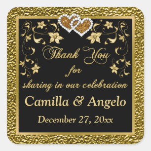 1.5" Sq. Gold, Black Floral, Hearts Favour Sticker