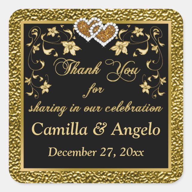 1.5" Sq. Gold, Black Floral, Hearts Favour Sticker (Front)