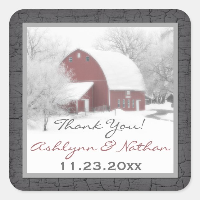 1.5" Sq. Red Barn in Winter Wedding Favour Sticker (Front)