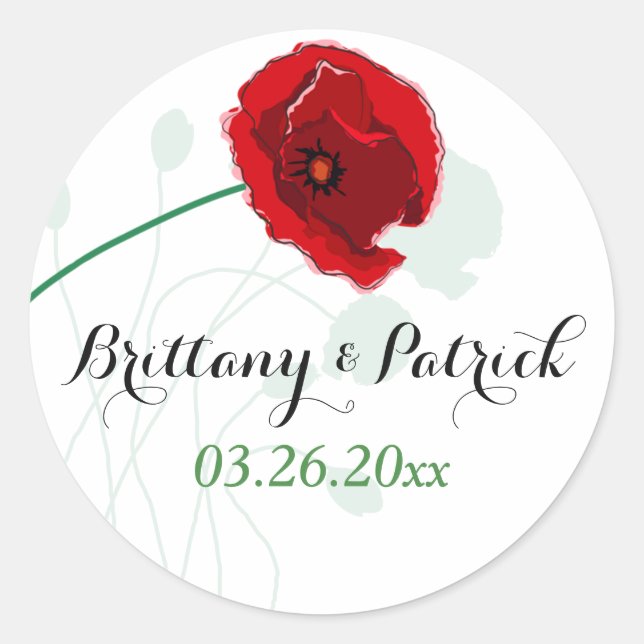 1.5" Wedding Sticker | Red Poppy | Black, Green (Front)