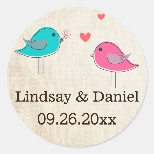 1.5" Whimsical Birds in Love Wedding Sticker 2 (Front)