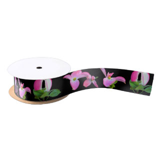 1.5" Wide Pink Dogwood Flowers Ribbon 2 Yards Satin Ribbon