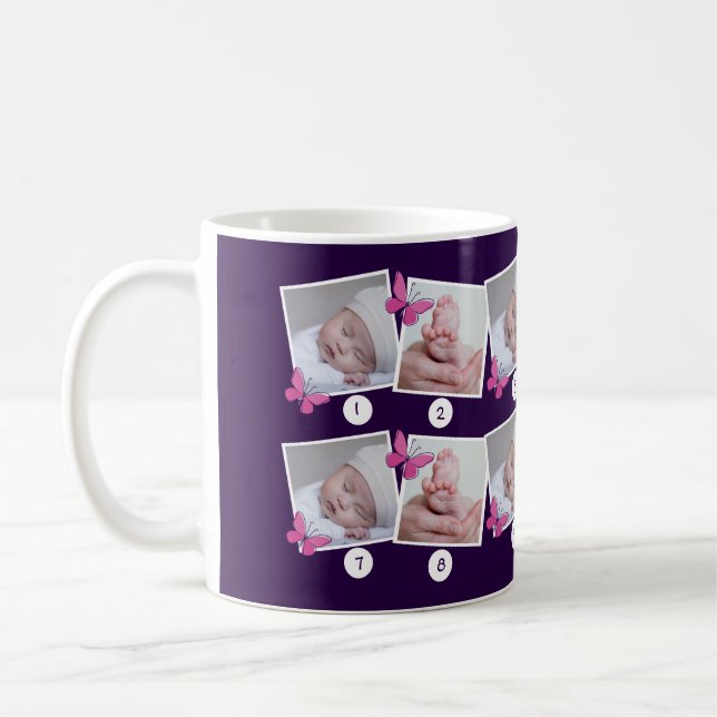 1 Baby Year Photo Collage Pink Butterflies Purple Coffee Mug (Left)