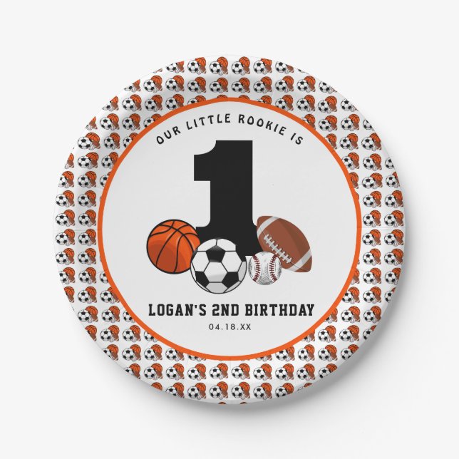 1 Ball Sports Theme Boy’s 1st Birthday Paper Plate (Front)