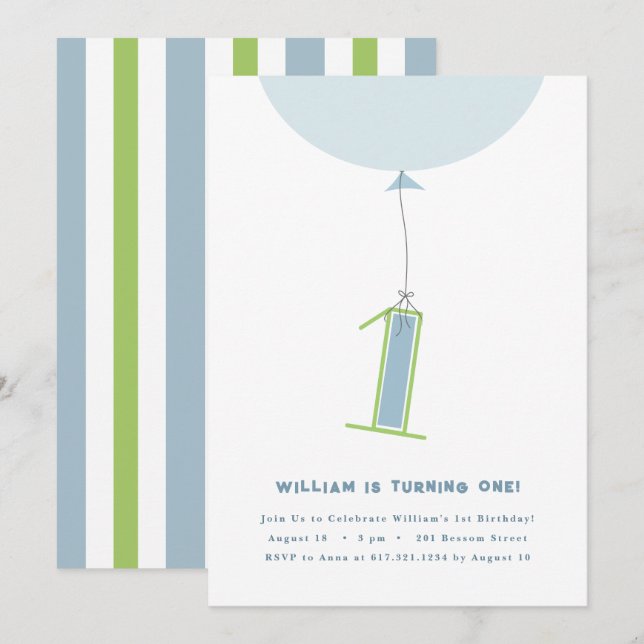 #1 Balloon First Birthday Invitation (Front/Back)