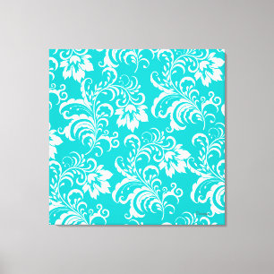 1 Canvas Teal Blue White Damask Floral Print
