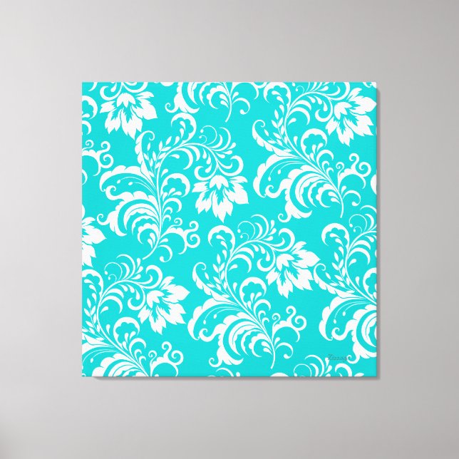 1 Canvas Teal Blue White Damask Floral Print (Front)