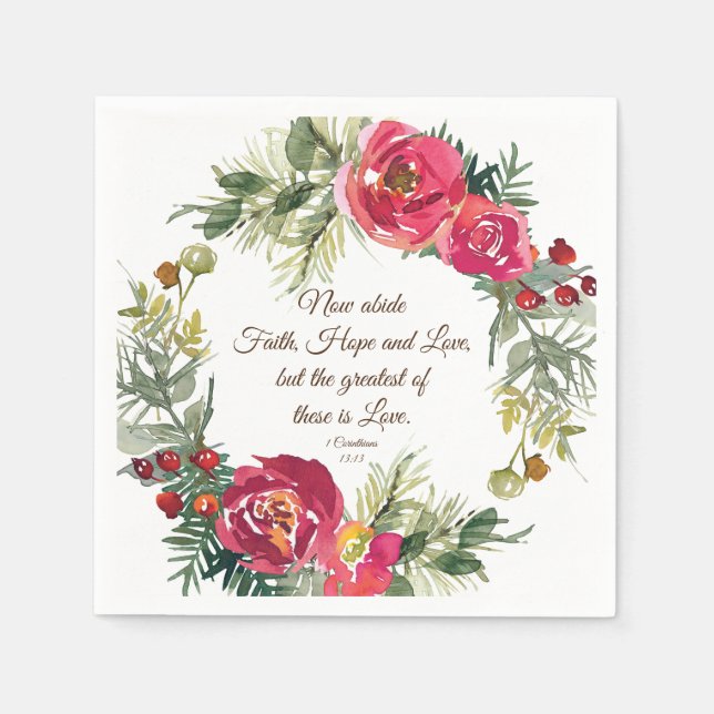 1 Corinthians 13:13 Red Roses Christmas Wreath Napkin (Front)