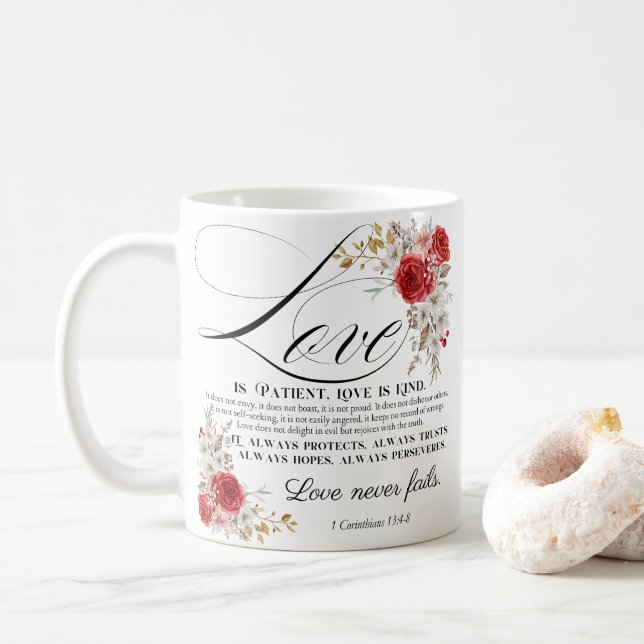 1 Corinthians 13:4-8 Love is Patient Bible Floral Coffee Mug (With Donut)