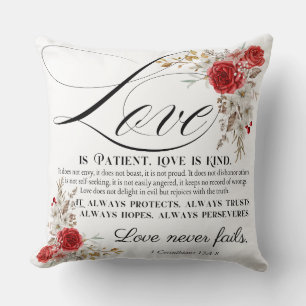 1 Corinthians 13:4-8 Love is Patient Bible Floral Cushion