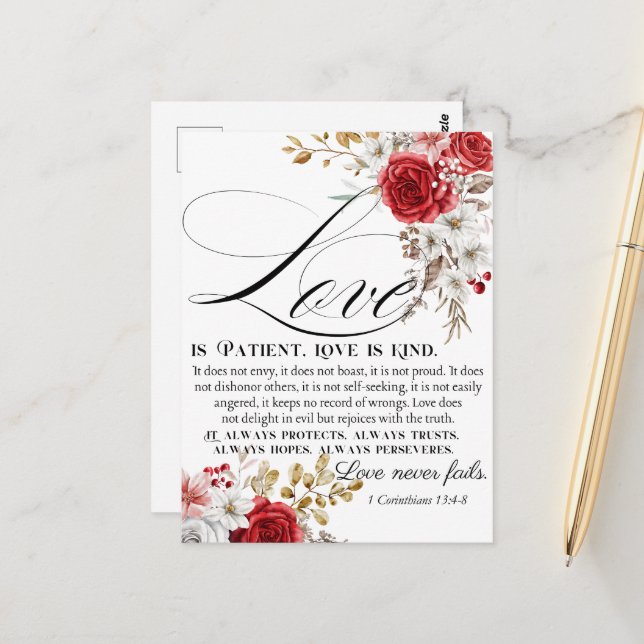 1 Corinthians 13:4-8 Love is Patient Bible Floral Postcard (Front/Back In Situ)
