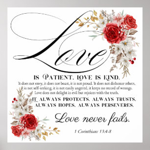 1 Corinthians 13:4-8 Love is Patient Bible Floral Poster