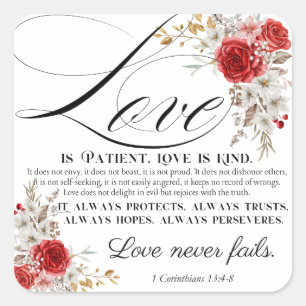 1 Corinthians 13:4-8 Love is Patient Bible Floral Square Sticker