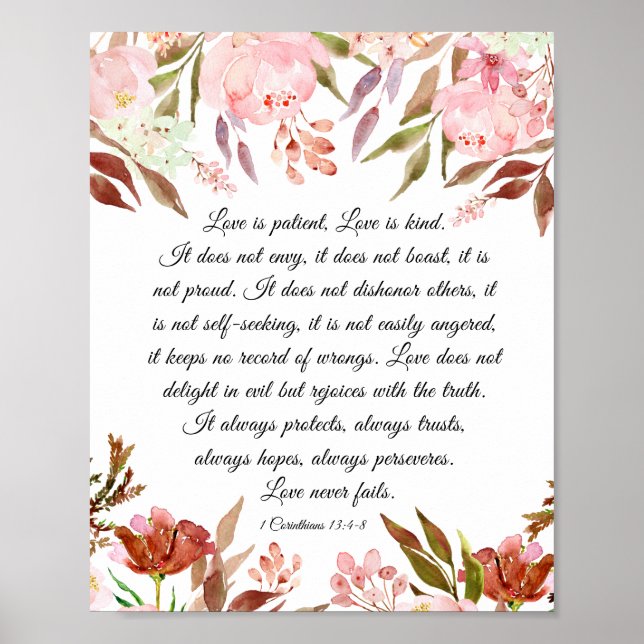 1 Corinthians 13:4-8 Love is Patient Pink Floral Poster (Front)