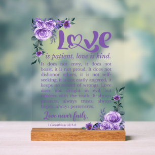 1 Corinthians 13:4-8 Love is Patient Purple Floral Acrylic Sign