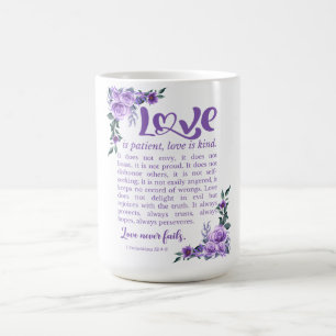 1 Corinthians 13:4-8 Love is Patient Purple Floral Coffee Mug