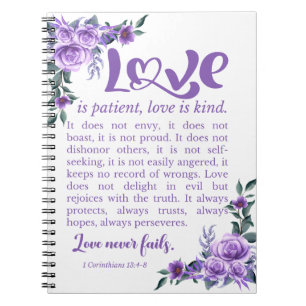 1 Corinthians 13:4-8 Love is Patient Purple Floral Notebook