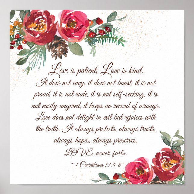 1 Corinthians 13:4-8 Love is Patient Red Roses  Poster (Front)