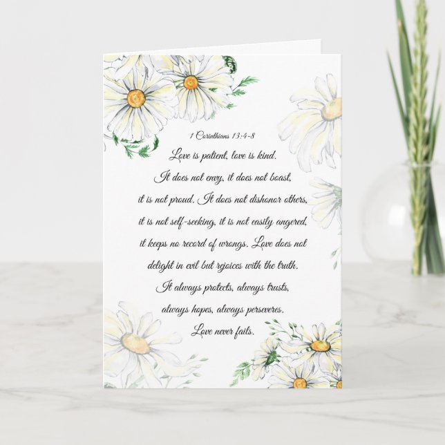 1 Corinthians 13:4-8 Love is Patient White Daisies Card (Front)