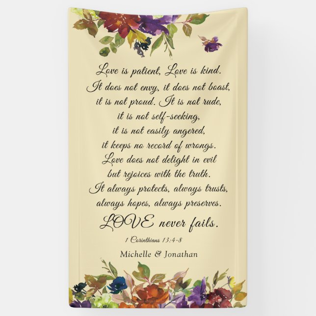 1 Corinthians 13:4-8 Love Never Fails Fall Wedding Banner (Vertical)