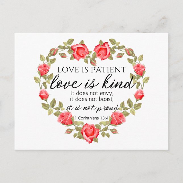 1 Corinthians 13:4 Love is Patient Floral Heart Postcard (Front)