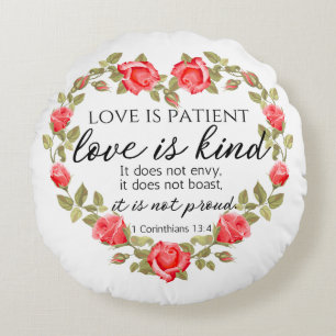 1 Corinthians 13:4 Love is Patient Floral Heart Round Cushion