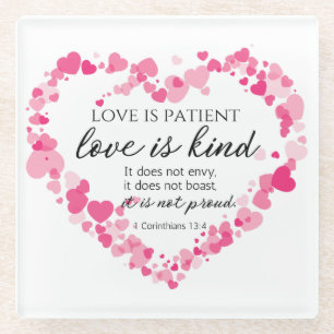 1 Corinthians 13:4 Love is Patient Pink Hearts Glass Coaster