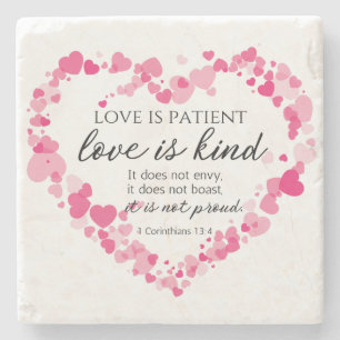1 Corinthians 13:4 Love is Patient Pink Hearts Stone Coaster