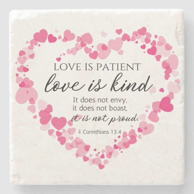 1 Corinthians 13:4 Love is Patient Pink Hearts Stone Coaster (Front)