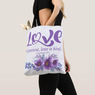 1 Corinthians 13:4 Love is Patient Purple Floral Tote Bag