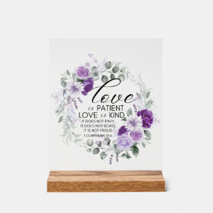 1 Corinthians 13:4 Love is Patient Violet Floral Acrylic Sign