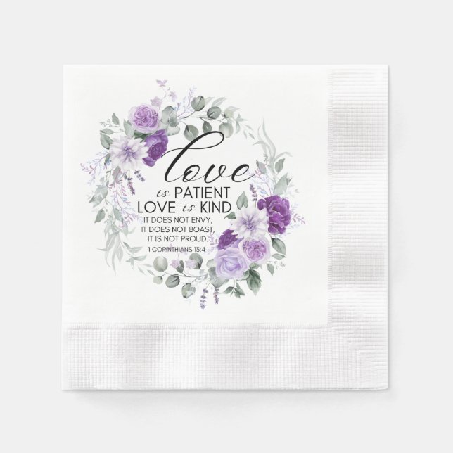 1 Corinthians 13:4 Love is Patient Violet Floral Napkin (Front)